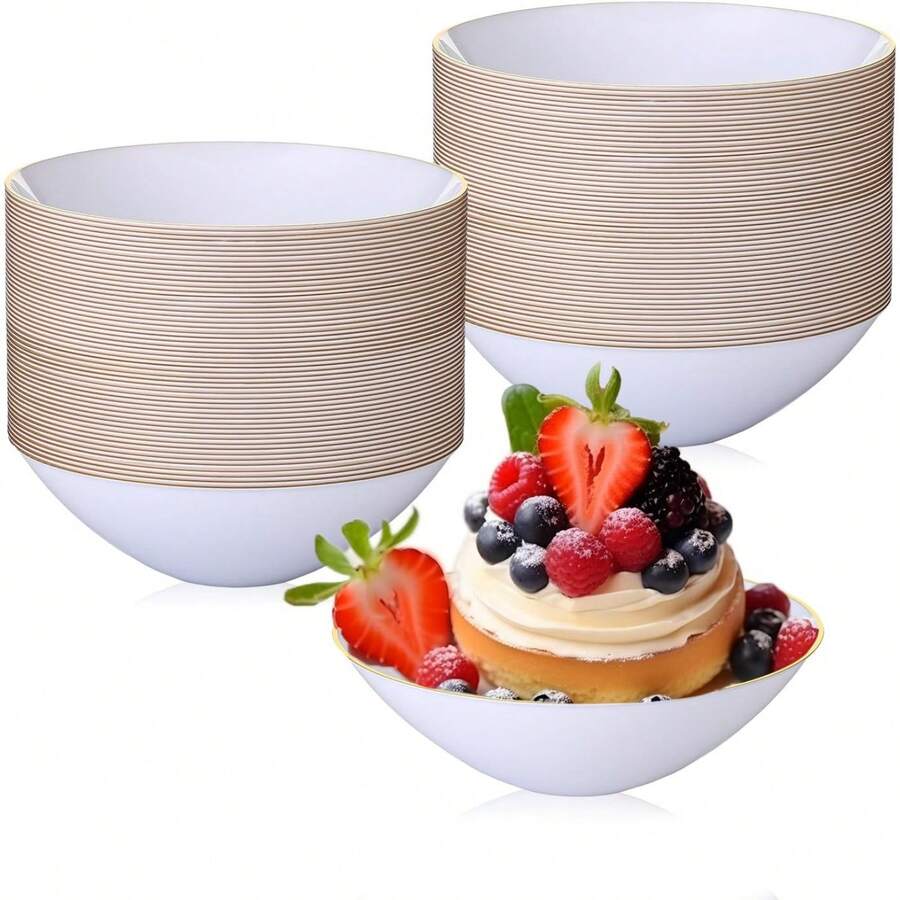 100 Pcs 6 Oz Plastic Bowls With Gold Rim White Disposable Bowls For ...