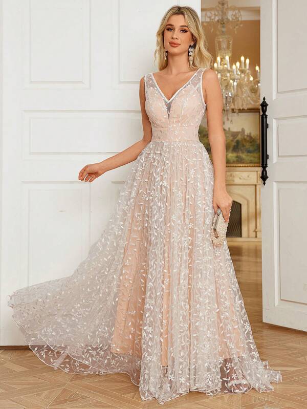 Damska, bezrękawnikowa, haftowana koronka, długość do podłogi, romantyczna suknia ślubna