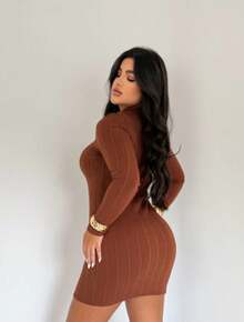 Premium Irregular Dress Long Sleeve Ribbed Vintage Elegant Sexy Boho Women's Fashion Winter - 鏽棕色 - 查看 2