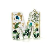 1pc Resin Dried Flower Letter Pendant, Floral Leaf & Golden Sequin Design, For DIY Keychains, Bag Charms, Etc.