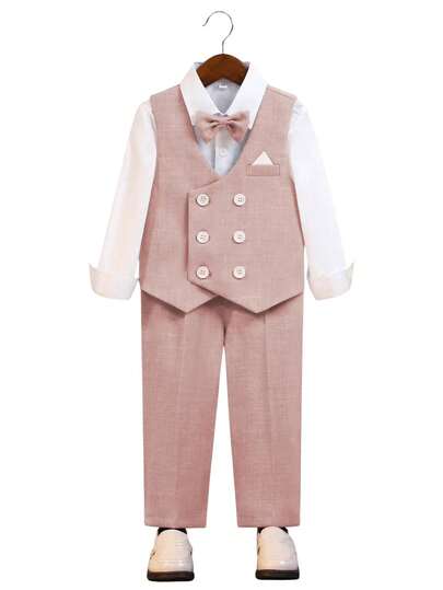 四件套男童正装，适合学校、婚礼、派对等场合，包括双排扣马甲、长裤、长袖衬衫和领带。