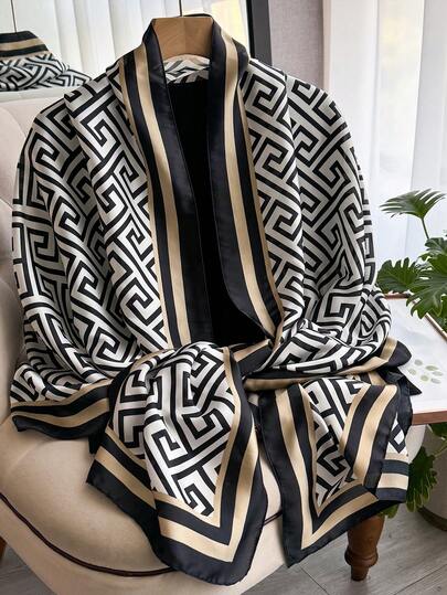 1条女士几何印花仿丝围巾，时尚百搭防晒披肩，旅行及日常装饰，春秋季搭配连衣裙