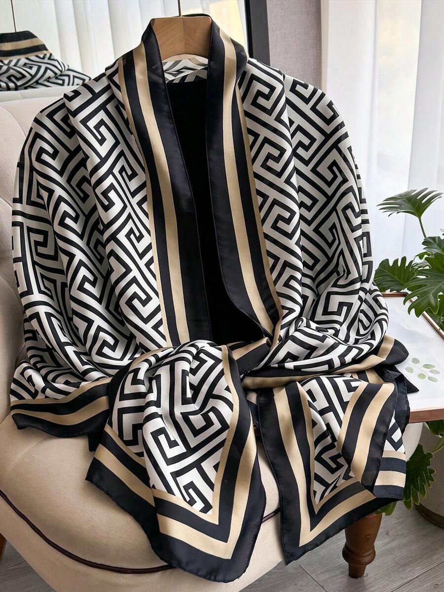 1 件女士几何印花仿丝围巾，时尚百搭防晒披肩，旅行和日常装饰，春秋