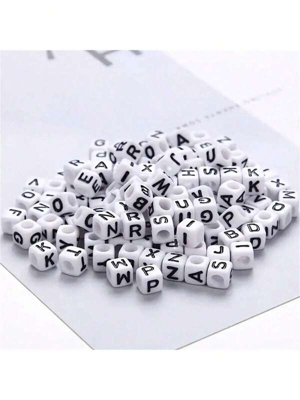 100pcs/Pack White Background Black Letter Beads, 6mm Acrylic English Alphabet Square Letter Beads, DIY Jewelry Making Accessories, Decorative Supplies | Overflowing Beads | Durable Bead Material For Jewelry Making