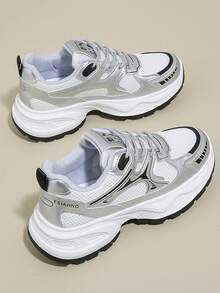 Women's Silver White Casual Sneakers, Thick Sole Chunky Sneakers, Mesh Breathable, Printed Lace-Up, Petite Height Increase, Suitable For Daily Casual Wear, Travel, Shopping, Fashion Versatile