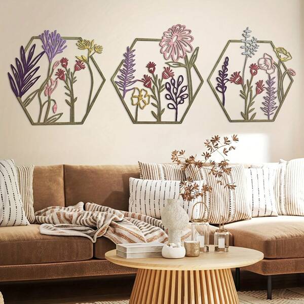 3 Pieces Of Metal Flower Wall Decoration, Simple Flower Wall Decoration, Artistic Flower Decoration For Living Room, Bathroom And Kitchen Indoor And Outdoor (Colorful)