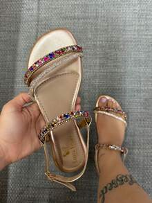 Women's Flat Flip Flops With Shiny Rhinestones And Golden Stones Comfortable And Stylish Flat Sandal - Vàng - Xem 1