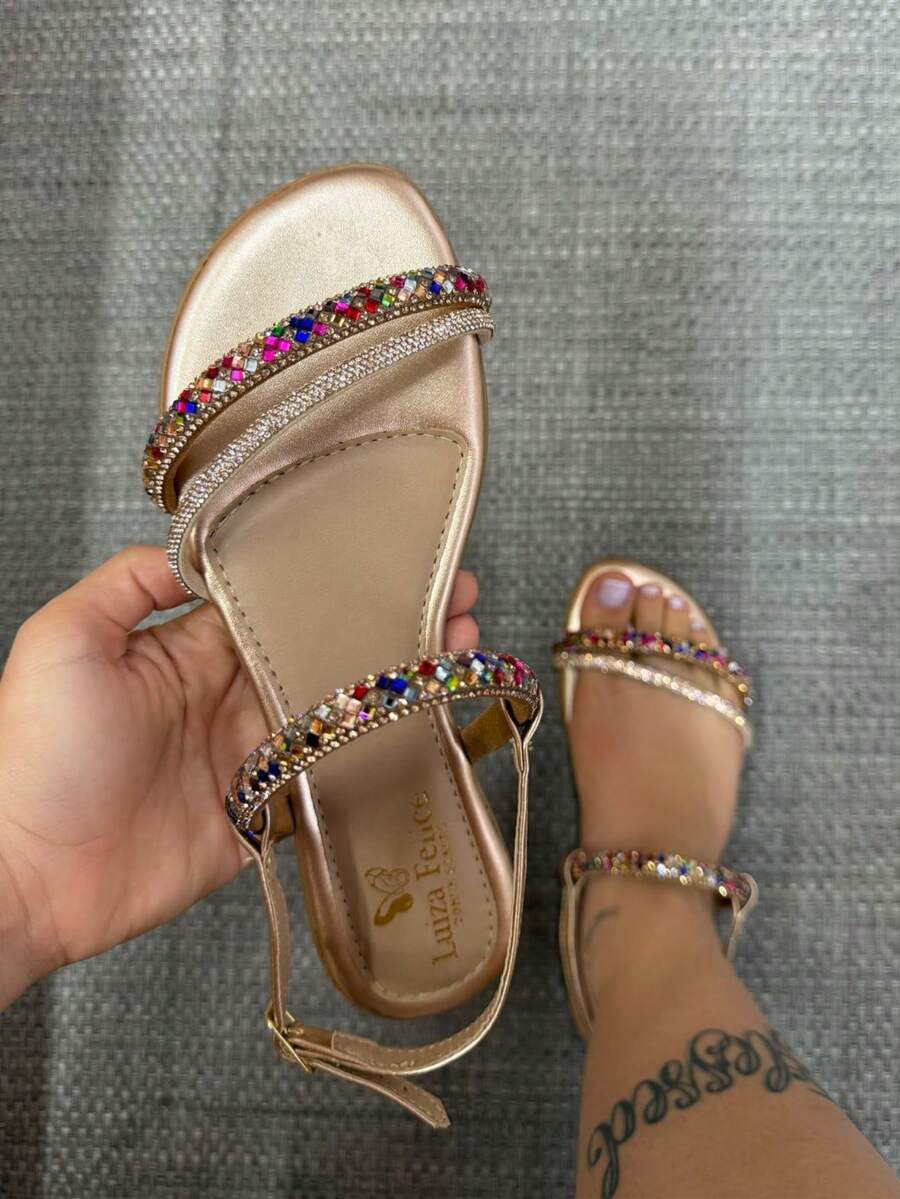 Women's Flat Flip Flops With Shiny Rhinestones And Golden Stones Comfortable And Stylish Flat Sandal - Vàng - Xem 1
