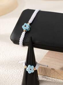 2pcs Set Handmade Woven Floral Ring And Bracelet, Fashionable And Elegant Design Suitable For Women's Daily & Holiday Wear