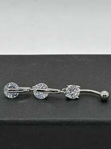 1 Pc Fashionable Silver Stainless Steel Pendant With Round Zirconia Navel Stud For Women Daily Wear