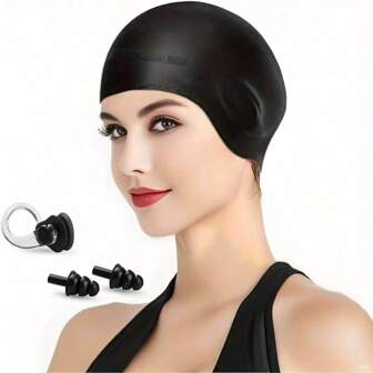 1 pieza Gorro de natación de silicona transpirable y elástico con diseño antideslizante y protección para los oídos, impermeable, ideal para entrenamiento de adultos, colores surtidos, perfecto para cabello largo y rizado