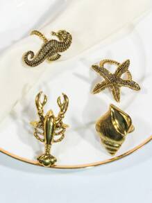 4pcs/Set Vintage Gold Seashell, Starfish, Seahorse & Lobster Sea Life Series Napkin Rings, Table Decor
