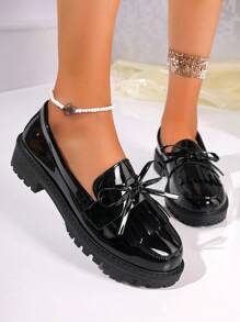 Women's New Vintage Chunky Heel Bow Slip-On Loafer Shoes, Fashionable Patent Leather Oxford Casual Flats, Comfortable & Soft, Ideal For Shopping, All Season Wear