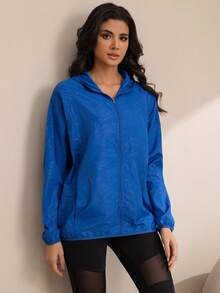 Women's Outdoor Casual Windbreaker, Waterproof Lightweight Plain Color Jackets, Thin Long Sleeve Sports Coats - Royal Blue - View 2