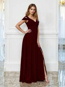 Vestido Largo Elegante Tirantes Dobles con Abertura Lateral y Escote en V y Cruzado - Rojo violeta - Ver 2