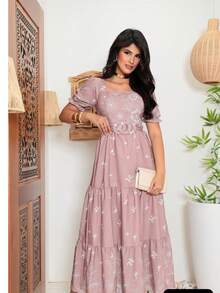 Women's Printed Midi Dress For Worship With Sophisticated Belt - Màu hồng gỉ - Xem 2