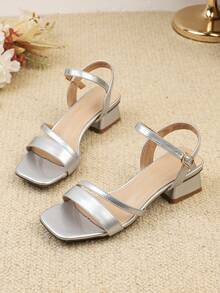 Women's High Heel Sandals, French Square Toe, Burgundy Color, Low Heel, Casual & Fashionable, Roman Style Criss-Cross Thin Strap, New For Spring & Summer Beach - Silver - View 5