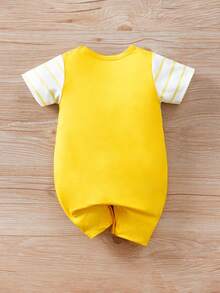 男婴卡通大象围兜二合一条纹短袖连体衣，夏季 - 黃色 - 查看 2