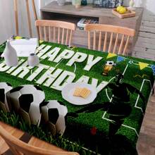 1 Pc Rectangle Tablecloth, New European & American Style Birthday Party Theme Green Football, Blue & Gold Balloon Flag Decor Tablecloth, Washable & Reusable, Suitable For Daily Dining Room, Living Room, Theme Party Events