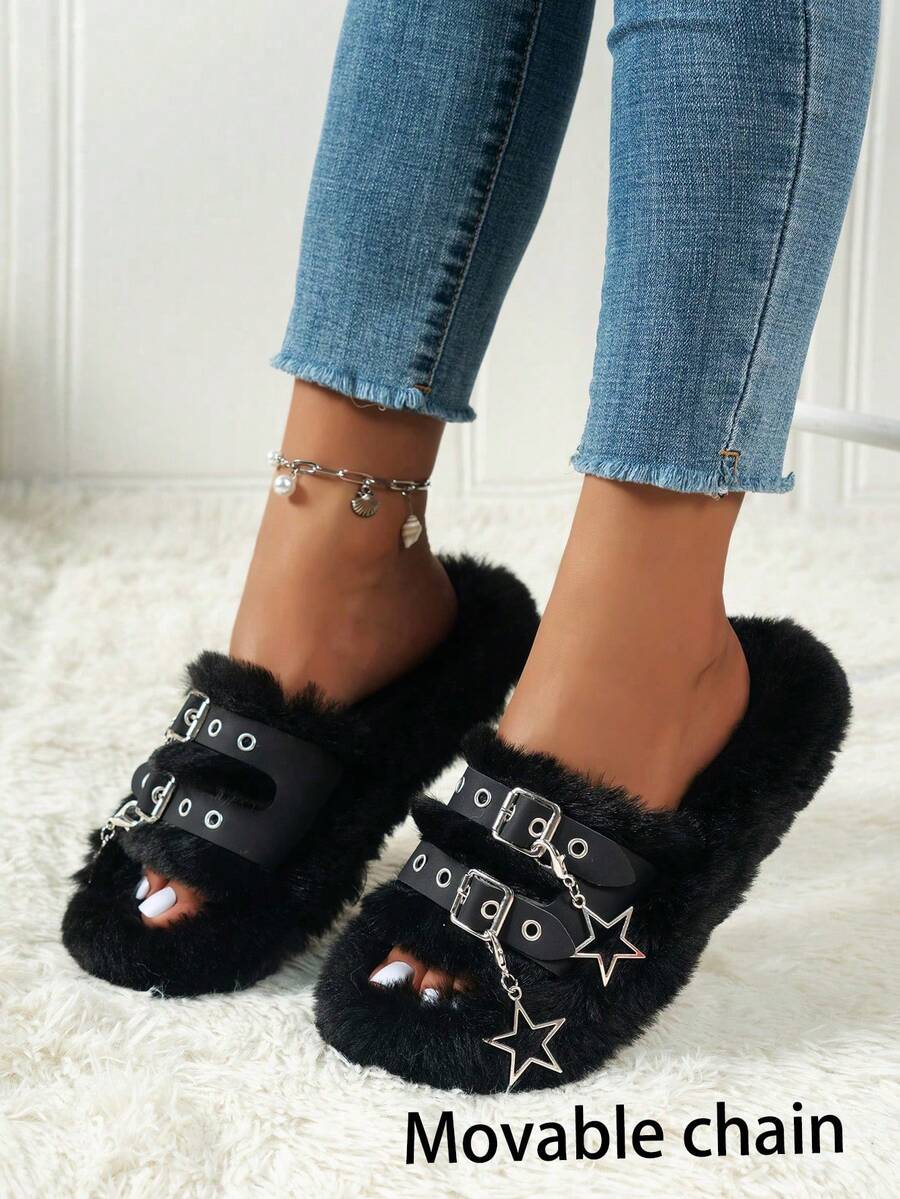 Dép bông nữ thu/đông đính mặt hình ngôi sao, đế mềm và quai khóa, dép đi trong nhà - màu đen - Xem 1