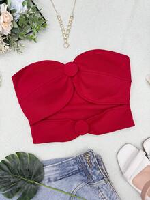 ELLIE Women's Strapless Crop Top With Button Details - 紅色 - 查看 2