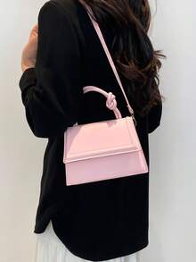 1 件纯色女士褶皱翻盖手提包，斜挎女士托特包 - 粉色 - 查看 7