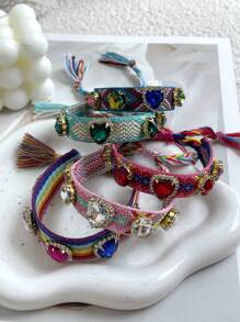 1pc Bohemian-Style Creative Fashion Elegant Minimalist Heart-Shaped Crystal Braided Bracelet For Women, Sisters, Or Couples Perfect For Daily Wear, Dates, Parties, Holidays, Gifts, Or Vacations Adjustable Size