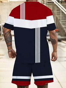 Męski komplet plus size z geometrycznym wzorem, 2 sztuki, plus size | Top i spodenki z grafiką 3D, okrągły dekolt, krótki rękaw, rozciągliwy, oddychający poliester | Luźny krój, swobodny, sportowy styl | Nadaje się do noszenia na co dzień i na imprezę, przytulne stylizacje