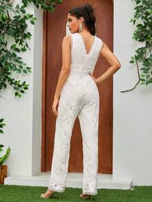 女式无袖 V 领高腰优雅蕾丝连体裤新娘婚礼其他服装