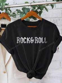 T-shirt à col rond pour femmes, imprimé avec un slogan vintage anglais "Rock and Roll", ajusté, convient aux amateurs de musique, fans de musique country, port casual quotidien, été