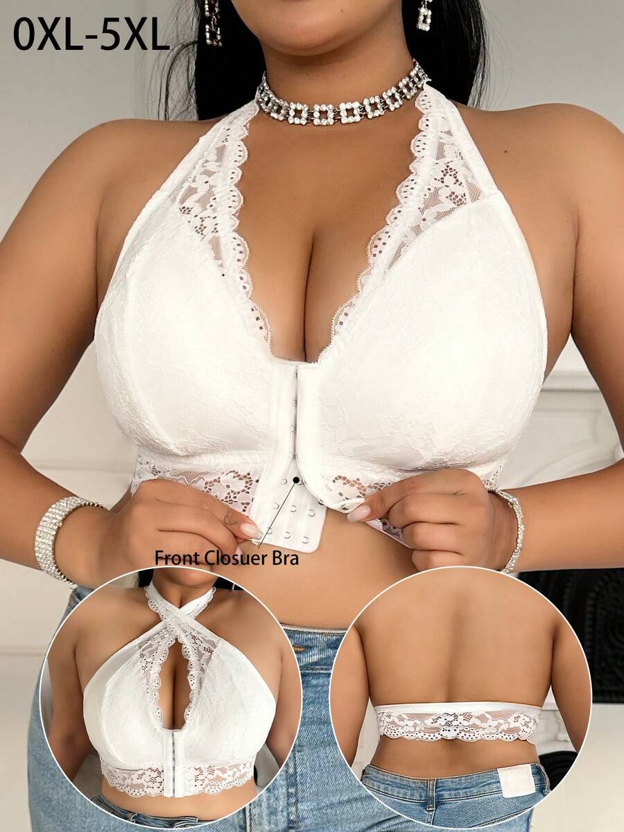 Plus Size Women Front Closure Lace Patchwork Bra, Soft & Comfortable Wireless Bra With Removable Padded, Halter Design - White - View 1