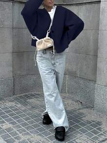 Autumn/Winter Ladies V-Neck Cardigan Outwear, English Style - Navy Blue - View 9