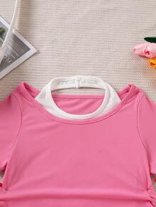 女童夏季甜美清凉露背褶饰修身高腰休闲T恤 - 粉色 - 查看 3