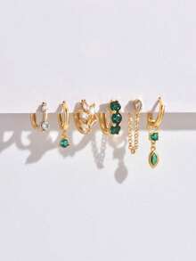 6pcs/Set One-Side Delicate Green Zirconia Leaf Stud Earrings, Minimalist Stylish Earring Set For Women, Suitable For Date, Party, Daily Commute - Yellow Gold - View 4