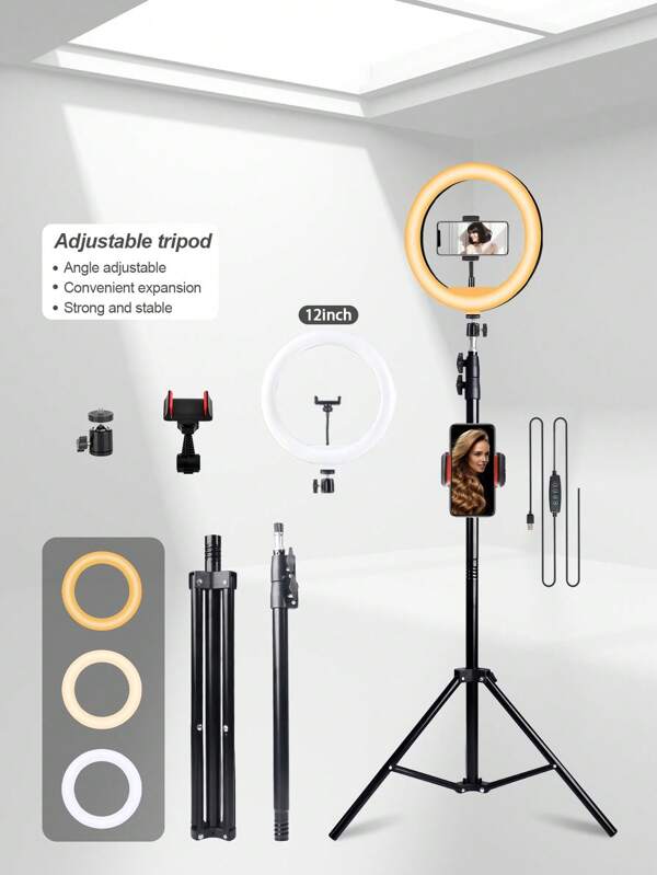 UEGOGO 12 Inch LED Ring Light, 3 Color Modes, With Tripod, 2 Section Extension Pole Up To 160cm, Detachable And Easy To Setup, Adjustable Brightness, Full Coverage Lighting, For Makeup, Selfies, Studio Photography, Live Streaming, Video Recording Suitable For Photography, Video Recording, Live Streaming, Zoom Meeting, Vlogging, With Stand Selfie Light Phone Light