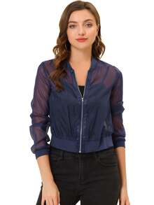Women's Mesh Sheer Jacket See Through Long Sleeve Zip Up Bomber Jacket - Blue - View 1
