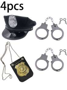 4pcs Police Pretend Play Set,Police Hats, Police Necklaces, Handcuffs,Costume Props, Festival Party Costumes