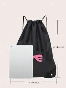 Women's Bow Print Drawstring Pocket Waterproof Backpack - Black - View 2