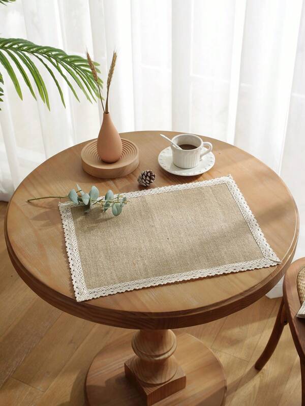 1pc Natural Linen Color Lace-Trimmed Placemat, Heat Insulation Suitable For Meal Atmosphere Improvement And Decoration