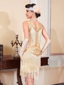1920s Sleeveless Fringe Dress, Round Neck, Flapper Style, Sequin Fringe, Roaring Twenties Cocktail Party Dress Wedding - Apricot - View 10