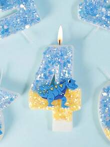1pc Blue Dinosaur Numeral Candle, Cake Numeral Glitter Candle, Dinosaur Theme Birthday Party Jurassic Jungle Theme Cake Hat Anniversary Party Decor, Halloween, Ghost, Autumn, Holiday, Winter, Holiday, Festival, Room Decor, Gift, Birthday Candle, Birthday Decor, Happy Birthday, Cake Candle, Room Decor
