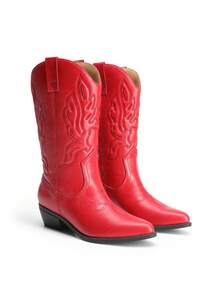 Women's Cowboy Boots Embroidery Stitching Pull-On  Almond Pointed Toe Chunky Heel Fashion Matching Dress Red Mid-Calf Boots - Đỏ - Xem 8