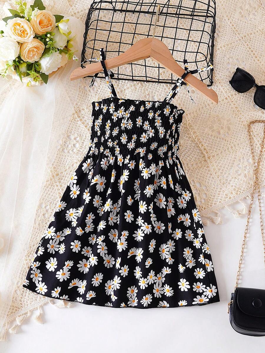 Young Girl's Little Daisy Beach Tie Suspender Dress Baby Floral Princess Dress - Black - View 1