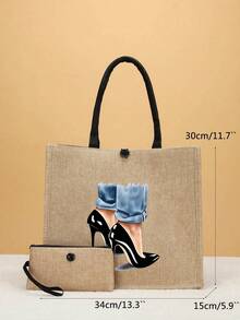 2pcs Letter Print Canvas Travel Tote Bag Set - Khaki - View 4