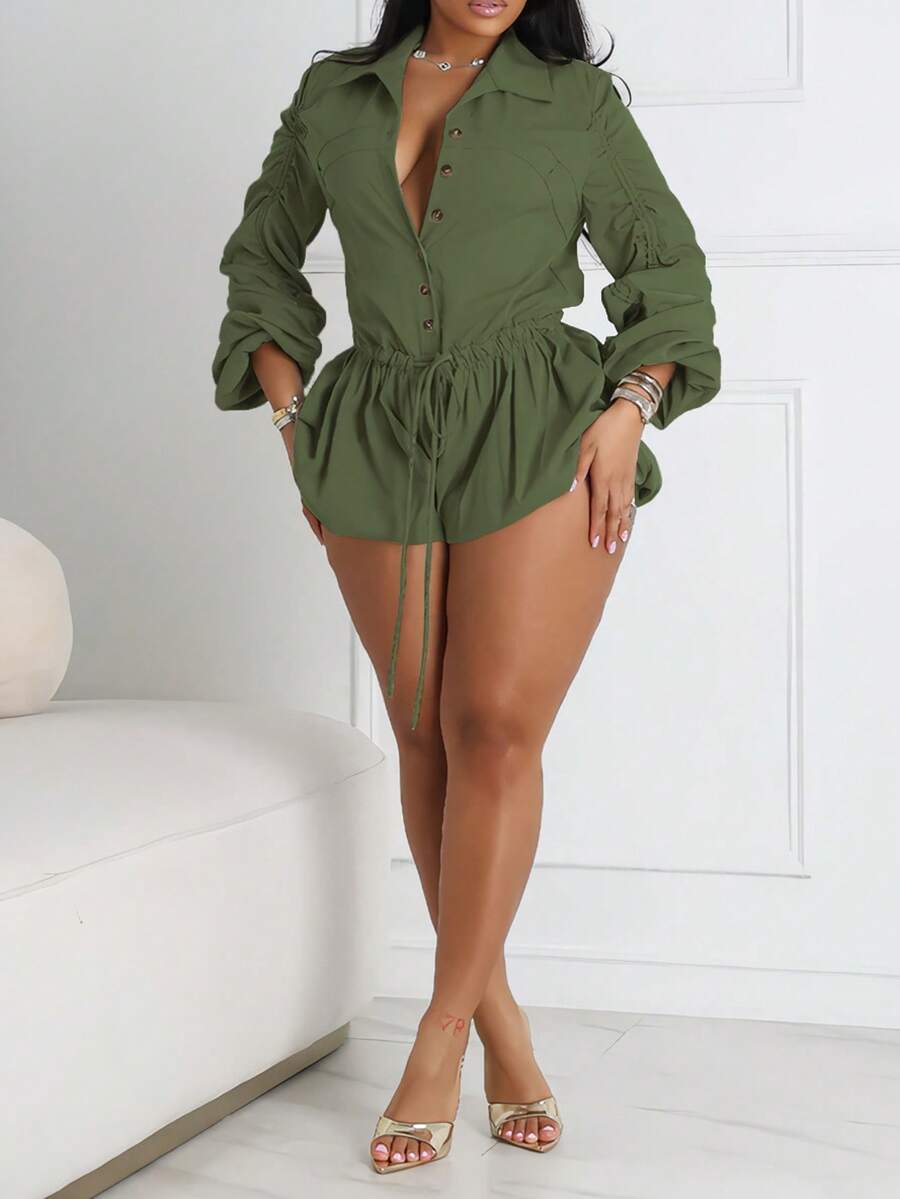 Women's Button Ruched Bubble Playsuits Long Sleeve Drawstring Shorts Shirt Jumpsuit Rompers One Piece Outfits, Spring Fall Winter Clothes - xanh quân đội - Xem 1