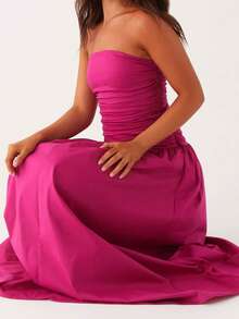 Women Tube Top Maxi Dress Elegant Sleeveless Strapless Ruched Flowy Dress Summer Long Wedding Party Cocktail Dresses - Hot Pink - View 5