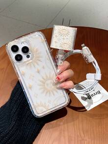 1 套月亮和星星设计手机壳、充电器、数据线保护器、防整理套装适用于苹果手机防水防震防摔防刮