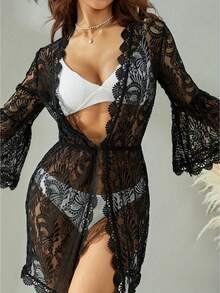 Women Bikini Cover Up, Solid Color Hip Length Long Sleeve Bikini Cover Up, V-Neck Floral Lace Loose Dress For Swimming Suits - 黑色 - 查看 1