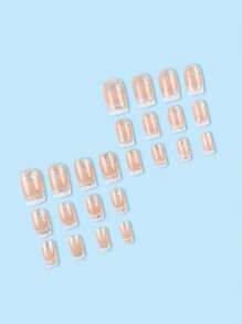 24pcs Medium Square Glitter Design French Tip Press On Nails Medium Fit Perfectly Acrylic False Nail Set,Contain 1pc Jelly Glue And 1pc Nail File, French Tip Nail For Women And Girls To DIY Daily Work Study And Party Use