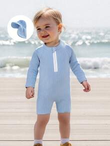 Infant Baby Boy Rash Guard Swimsuit Summer Spring Striped Long Sleeve Swimwear Zip Up Front Bathing Suit With Sun Hat - Màu xanh lam - Xem 8